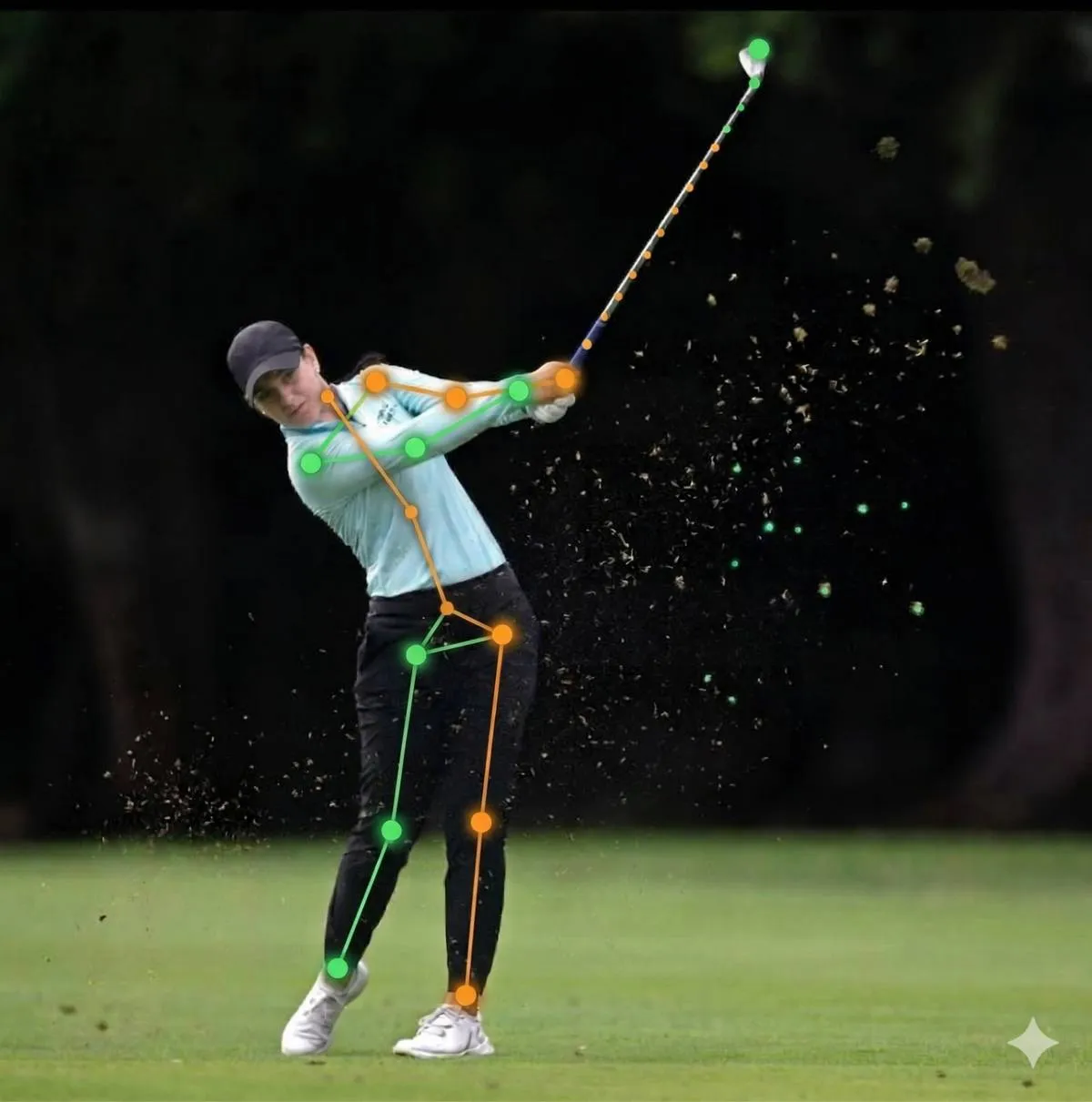 Golfer with AI bio-mechanics analysis overlay