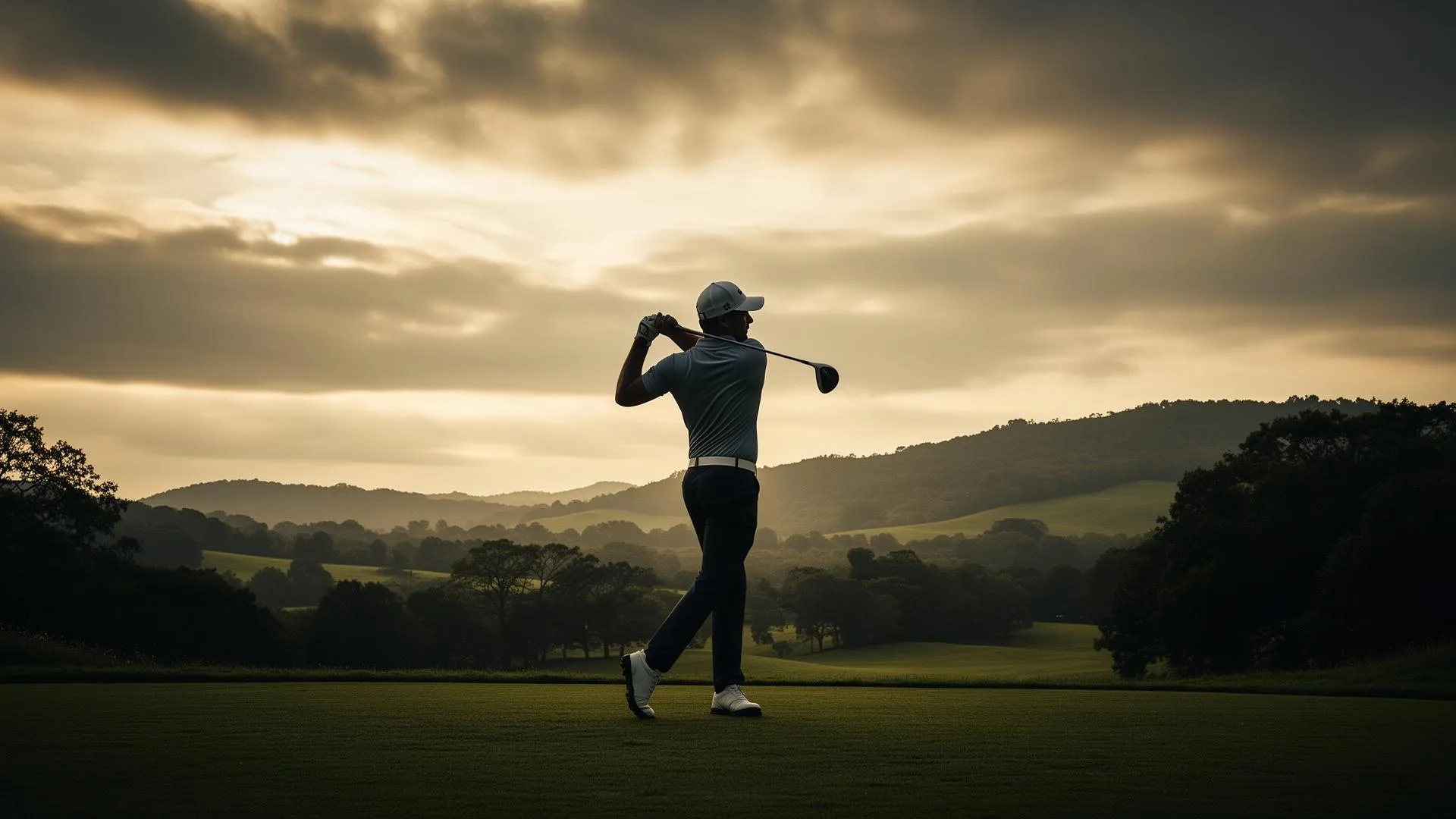 Professional golfer mid-swing at golden hour